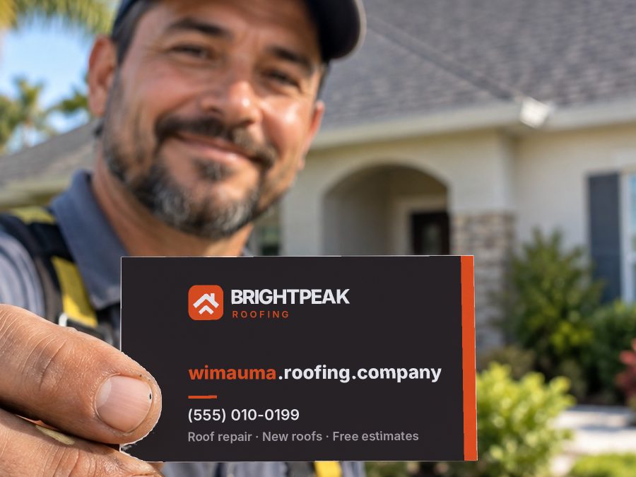 wimauma.roofing.company on a roofer's business card