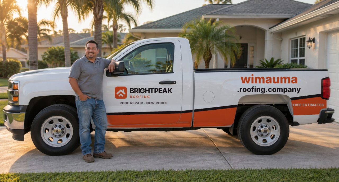 wimauma.roofing.company painted on the side of a white work truck