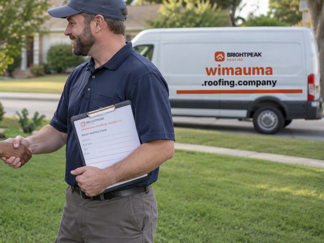 wimauma.roofing.company on a roofing van and an inspection form